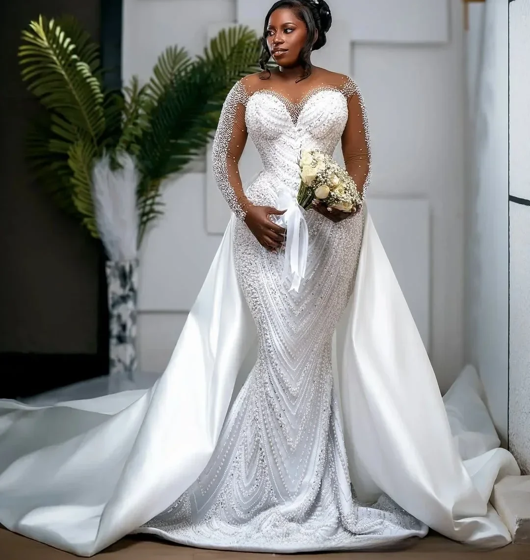 Luxury Plus Size Mermaid Wedding Dress White Lace Crystal Beaded Long Sleeve Bride Gowns Africa Detachable Tail Vestido De Novia