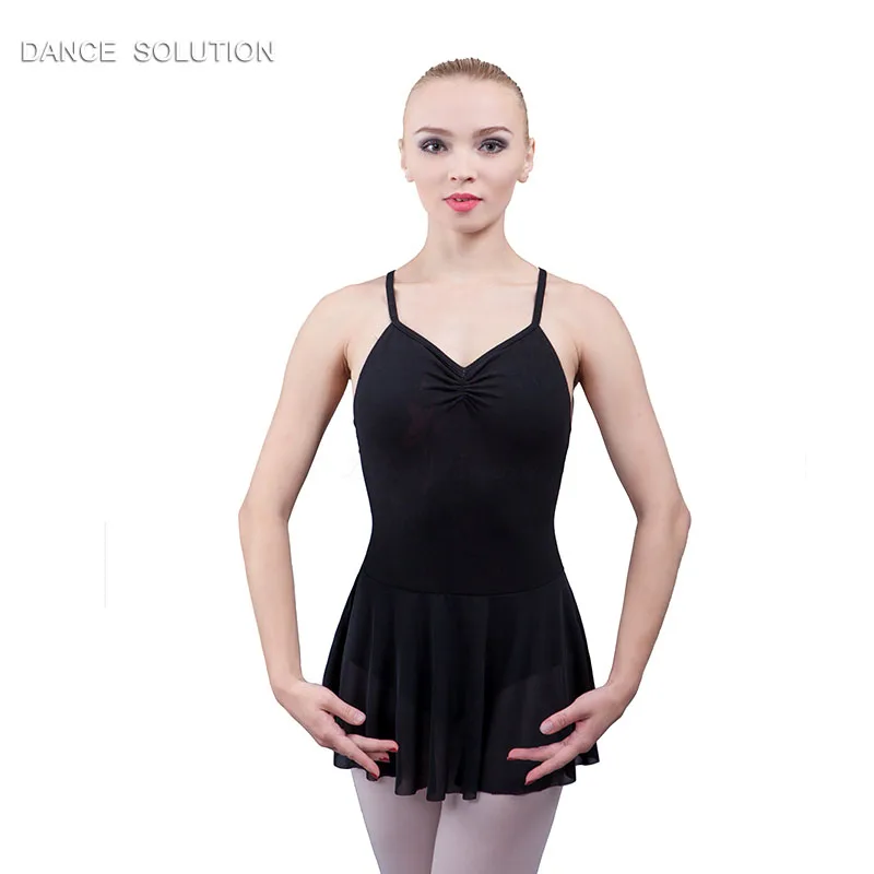 Adult Female Black Cotton Suspender Ballet Leotard with Mesh Skirt Gymnastics Bodysuit Ballet Practice Suit for Women 01D0055