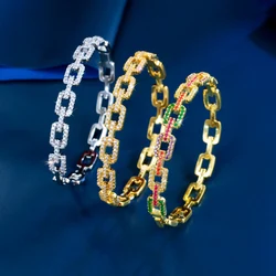 CWWZircons New Trendy Micro Pave Cubic Zirconia Cuban Chain Link Design Bangles for Women Gold Color Summer Party Jewelry SZ0067