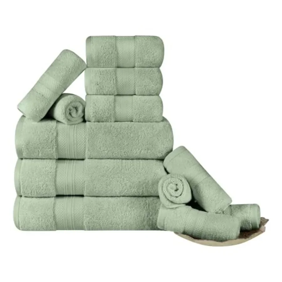 

Turkish Cotton 12-Piece Towel Set for Home Guest Master Bathroom Hotel Resort SpaOlive Green Plush Soft