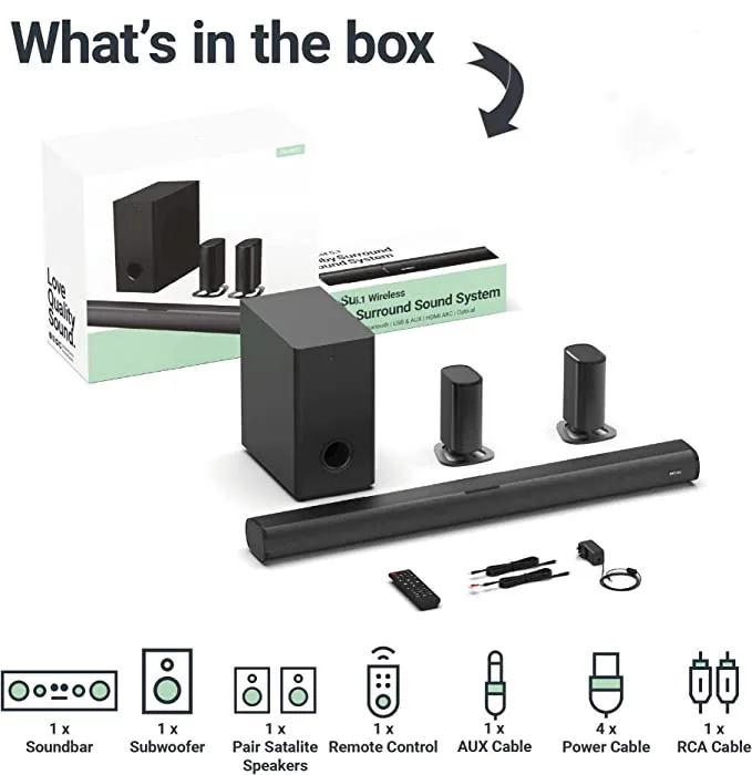 True wireless speaker 5.1ch Detachable dobl-y soundbar, wireless sound bar speaker for tv for home theatre system with subwoofer