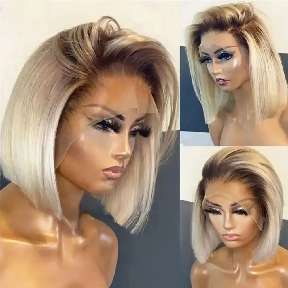 13x4 Transparent Lace Frontal Wigs High Quality Natural Straight Short Bob Ombre Color Wig Ready To Wear HD Wigs For Women