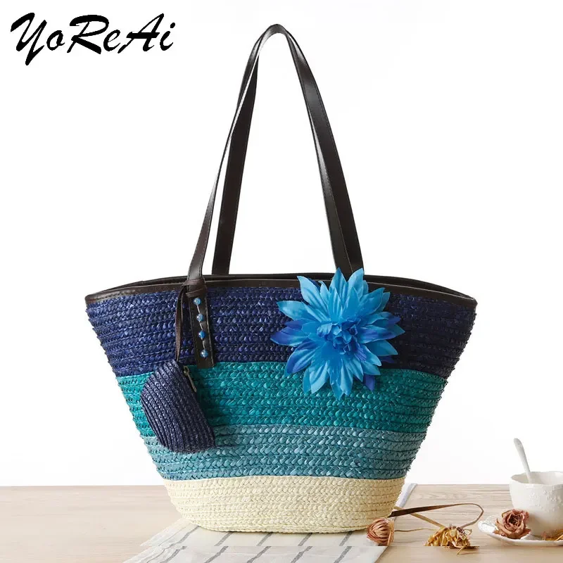 Fashion Rattan Women Handbags Wicker Woven Lady Shoulder Bags Summer Beach Straw Bag Large Capacity Tote Dot Big Baskets Purses