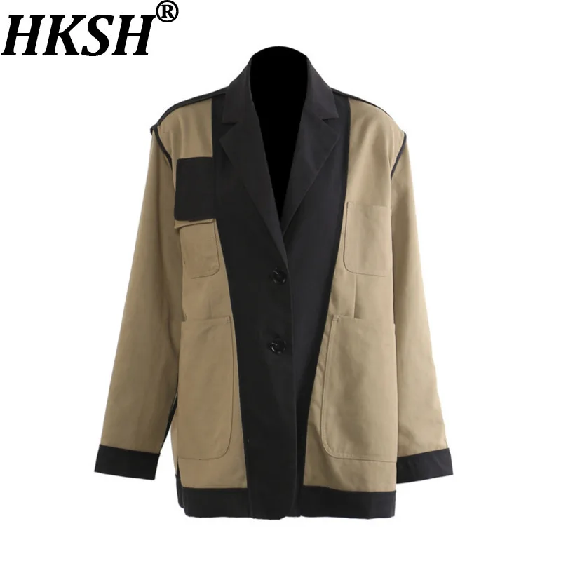 

HKSH Autumn Winter New Women Jacket Turn-down Collar Single Breasted Color Block Patchwork Multi-pocket Elegant Ins Coat HK12171