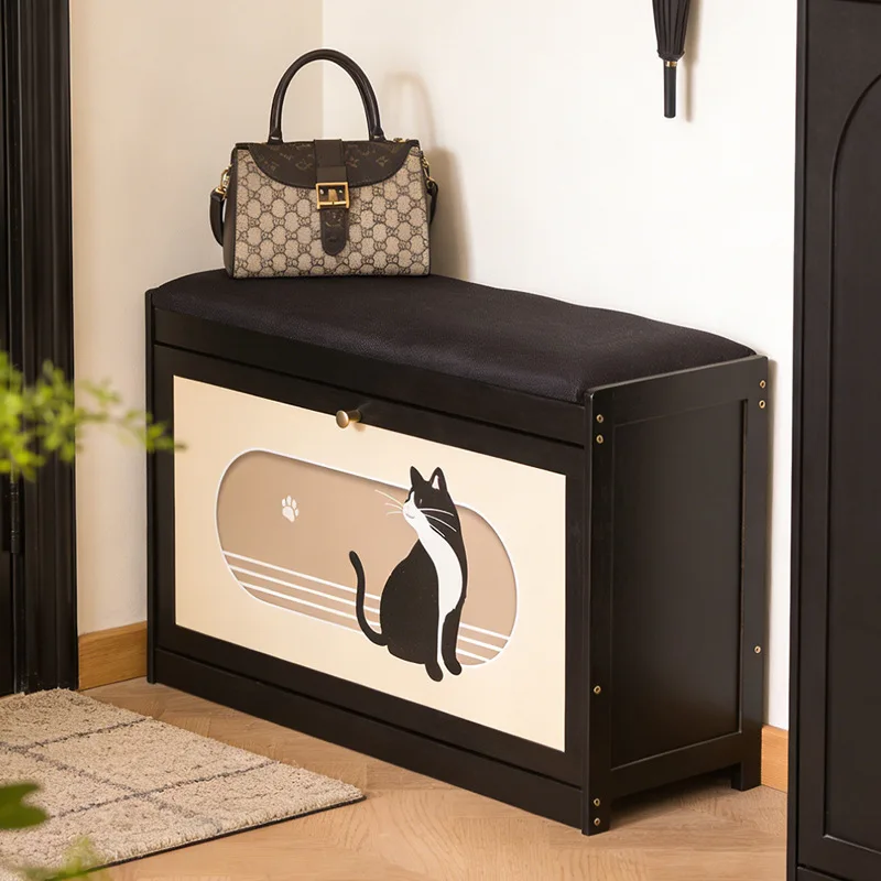 Bamboo cat pattern shoe changing stool, home flip shoe cabinet, retro cushioned shoe wearing stool, double-layer shoe cabinet