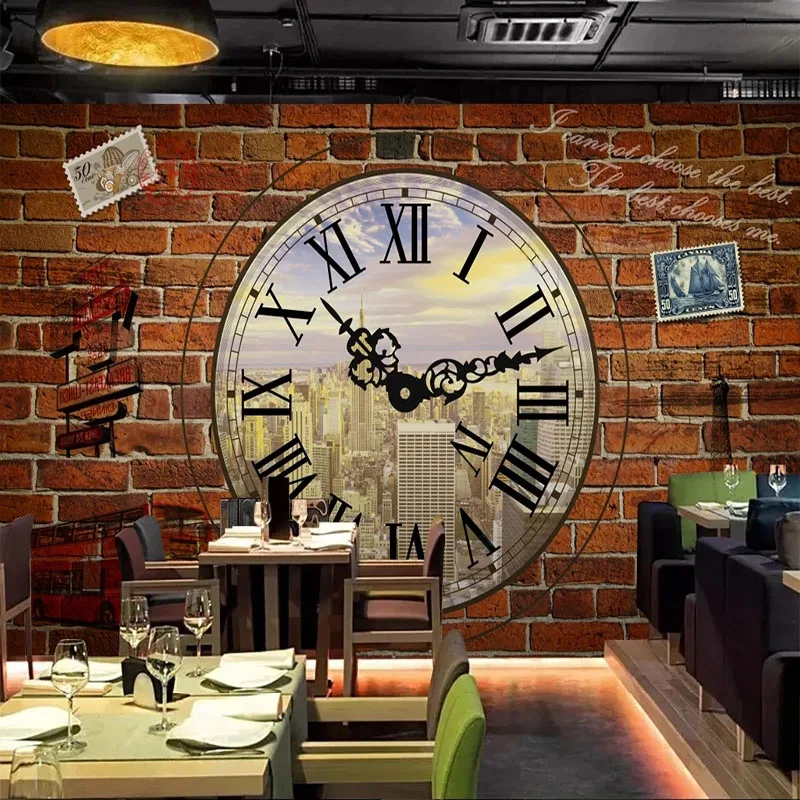 Custom European Retro Industrial Wind Clock Brick Wall Bar Coffee Shop Background Wall Wallpaper For Bedroom Walls Papel De Pare