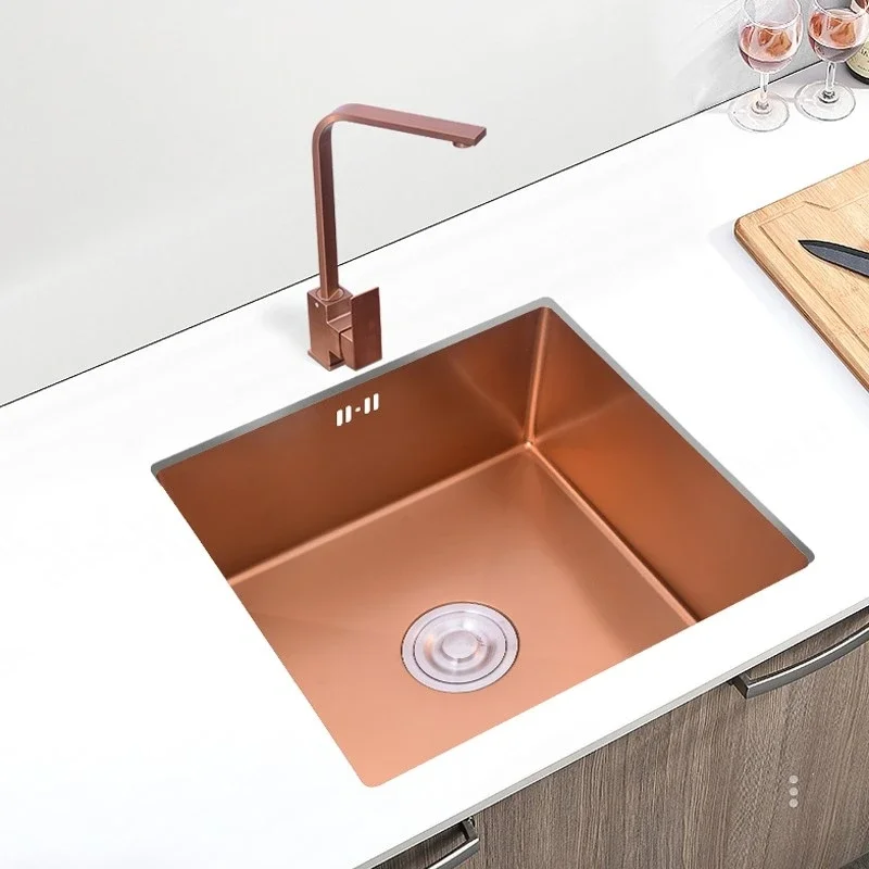 Nano-rose Gold 304 Stainless Steel Hand-made Kitchen Sink Single-Small Dish Basin Bowel 1.0mm Thickness with Drainer