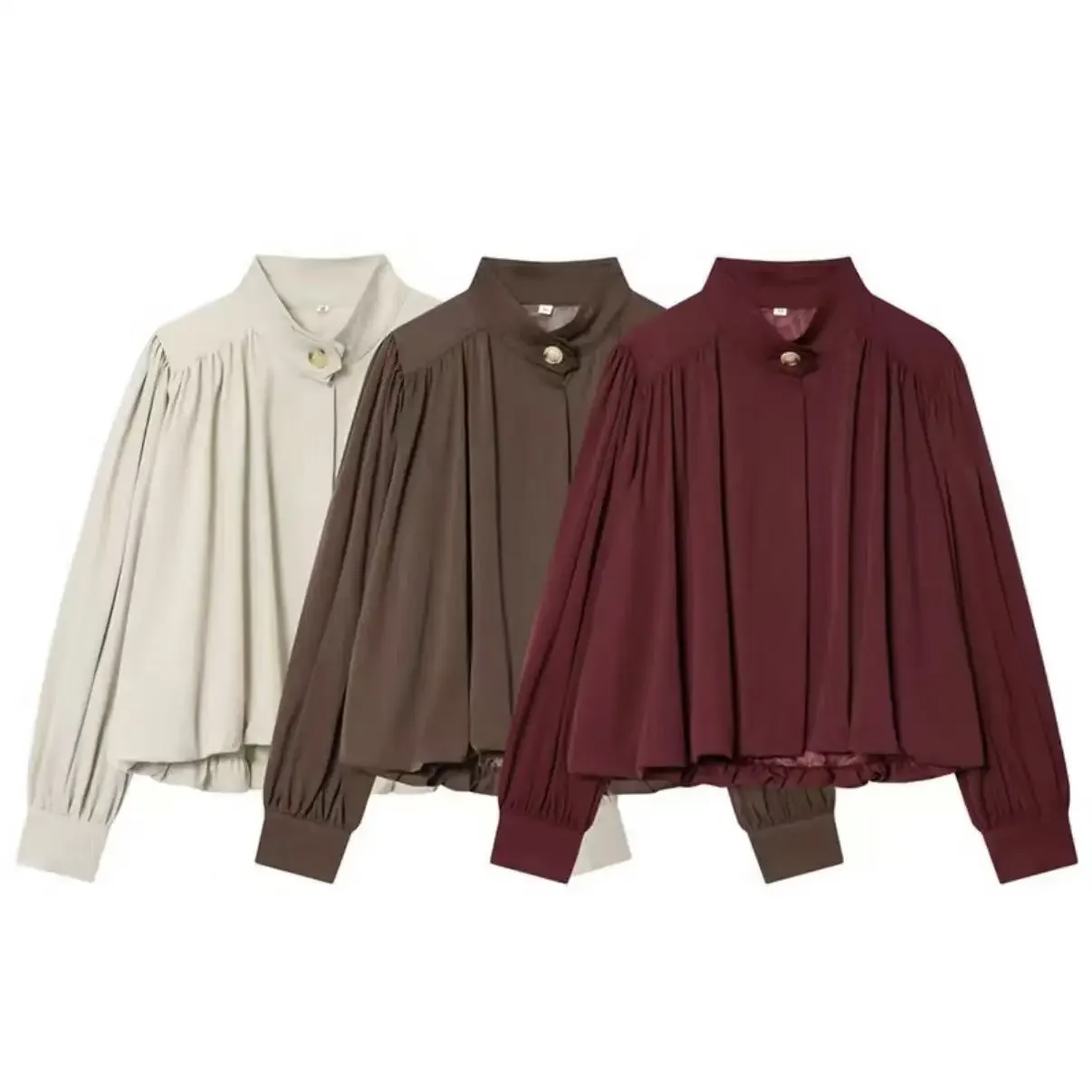 

Women's Casual Pleated Jacket Winter Fashion Versatile Trendy High-Neck Jacket Solid Color Long Sleeve Single-Button Outwear