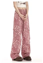 Pantalones vaqueros rosas y2k con estampado de leopardo para mujer, ropa de calle de gran tamaño, pantalones de paracaídas de pierna ancha, pantalones Cargo de entrenamiento informales Harajuku