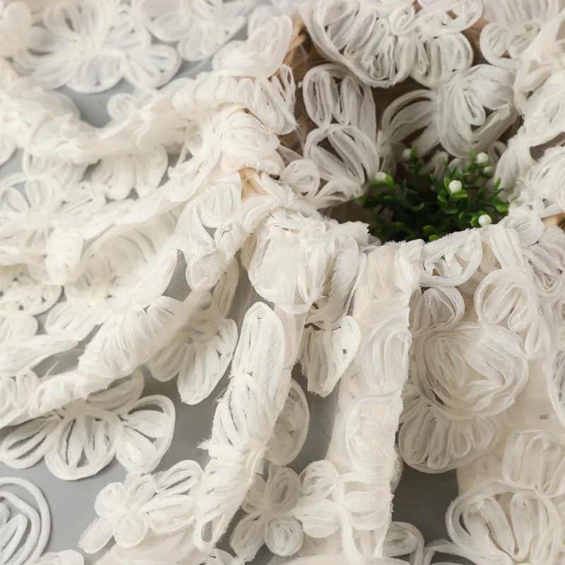 

Mulberry silk mesh tape with 3D floral embroidery fabric, embroidered clothing and dress designer niche fabric, sewing materials