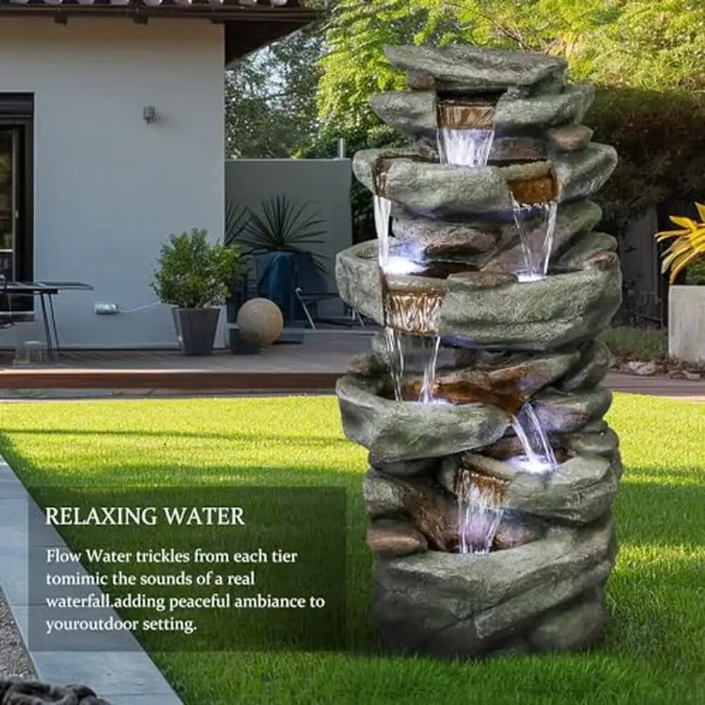 6-Tier LED Rock Water Fountain Cascading Waterfall Outdoor Garden Decor 40.5