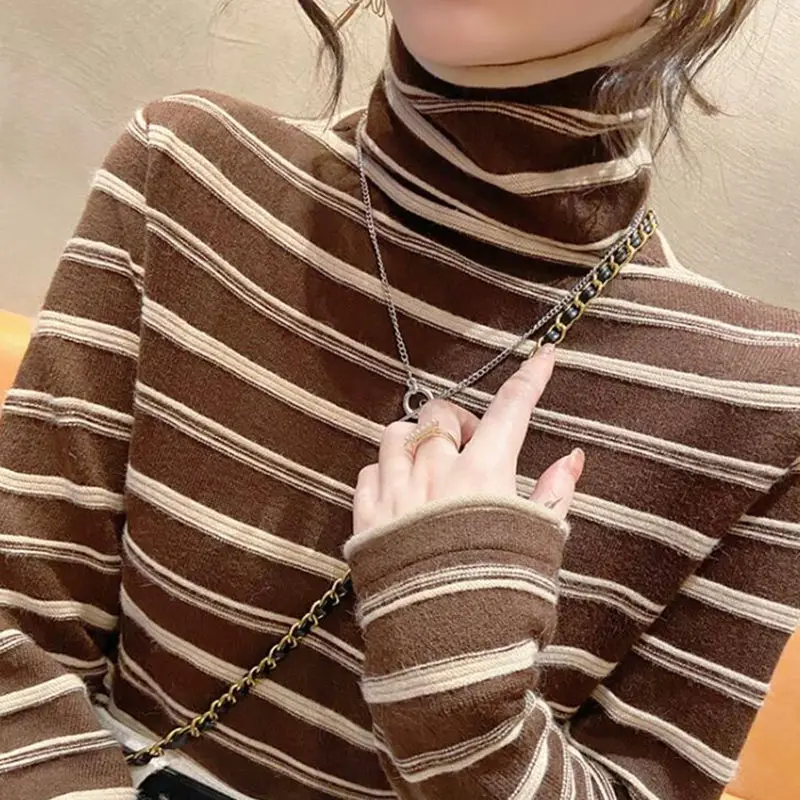 Fashion Double Faced German Velvet Striped Sweaters Women New Classic Long Sleeve Turtleneck Interior Lapping Bottoming Shirt