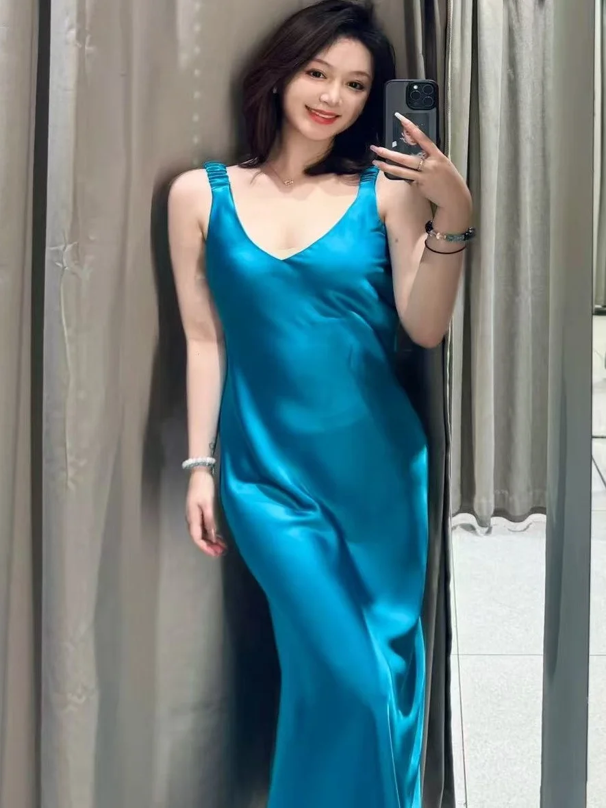 Spring Summer New Arrival Women's High-End Silk Satin V-ne Midi Long Dr Korean Sle High Waist Summer Commute Dr