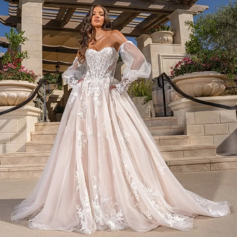 Shiny ivoryWedding Dresses off-shoulder A skirt flower decal Long tail Bridal Gowns Made Customized