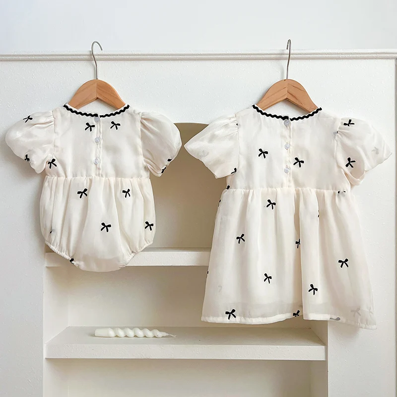 Kids Sisters Clothing Summer Baby Girl Dress Infant Girl Cute Bow Gauze Dress Sisters Puff Sleeve Toddler Sweet Princess Dress