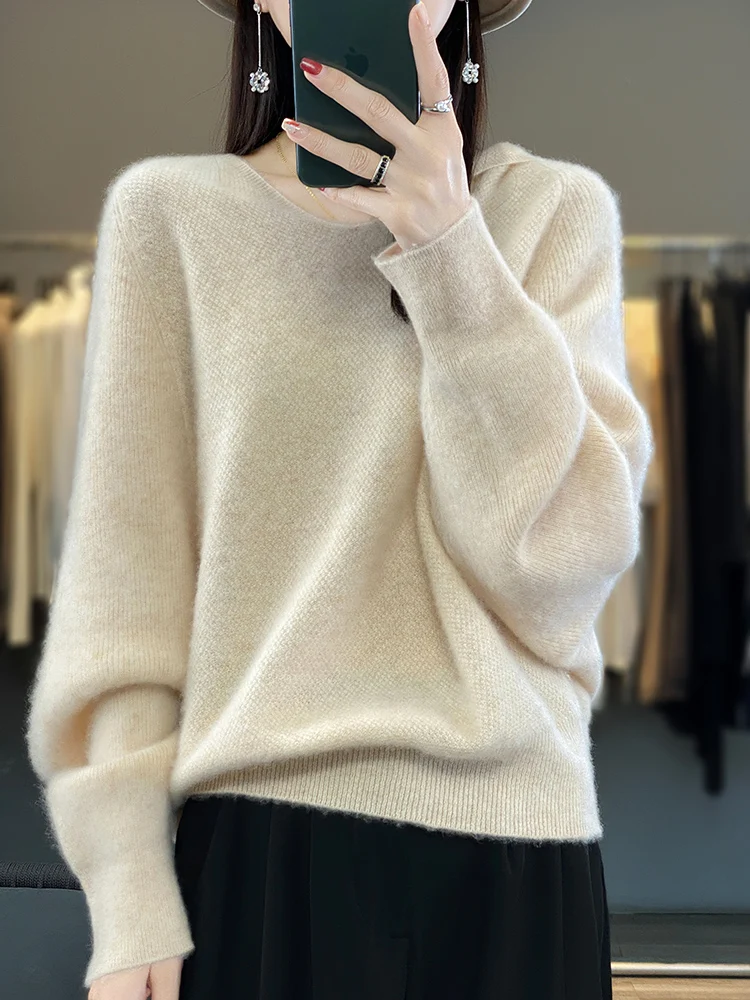 Light Luxury Women\'s Sweater Casual Hoodie 100% Merino Wool Long Sleeve Cashmere Knitted Pullover Korean 2023 Autumn Winter Top