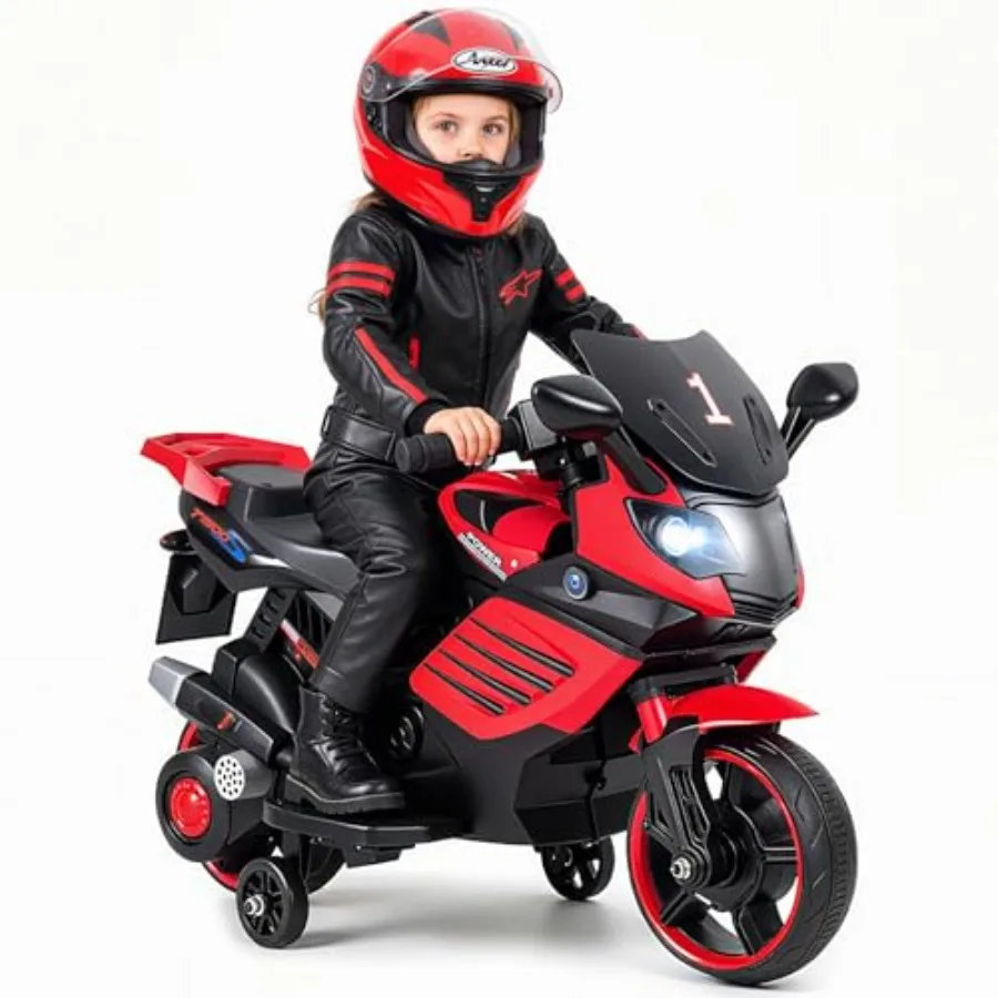 

motorcycle ride-on toy for outdoor play, ABS plastic body in red, features 6V battery power, detachable training wheels, headli