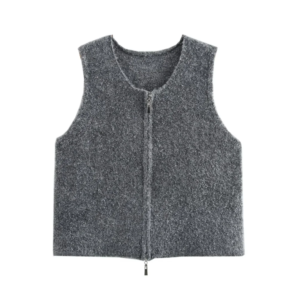 Women's Round Neck Double Zipper Sleeveless Knitted Sweater Spring New Solid Color Temperament Loose Vest