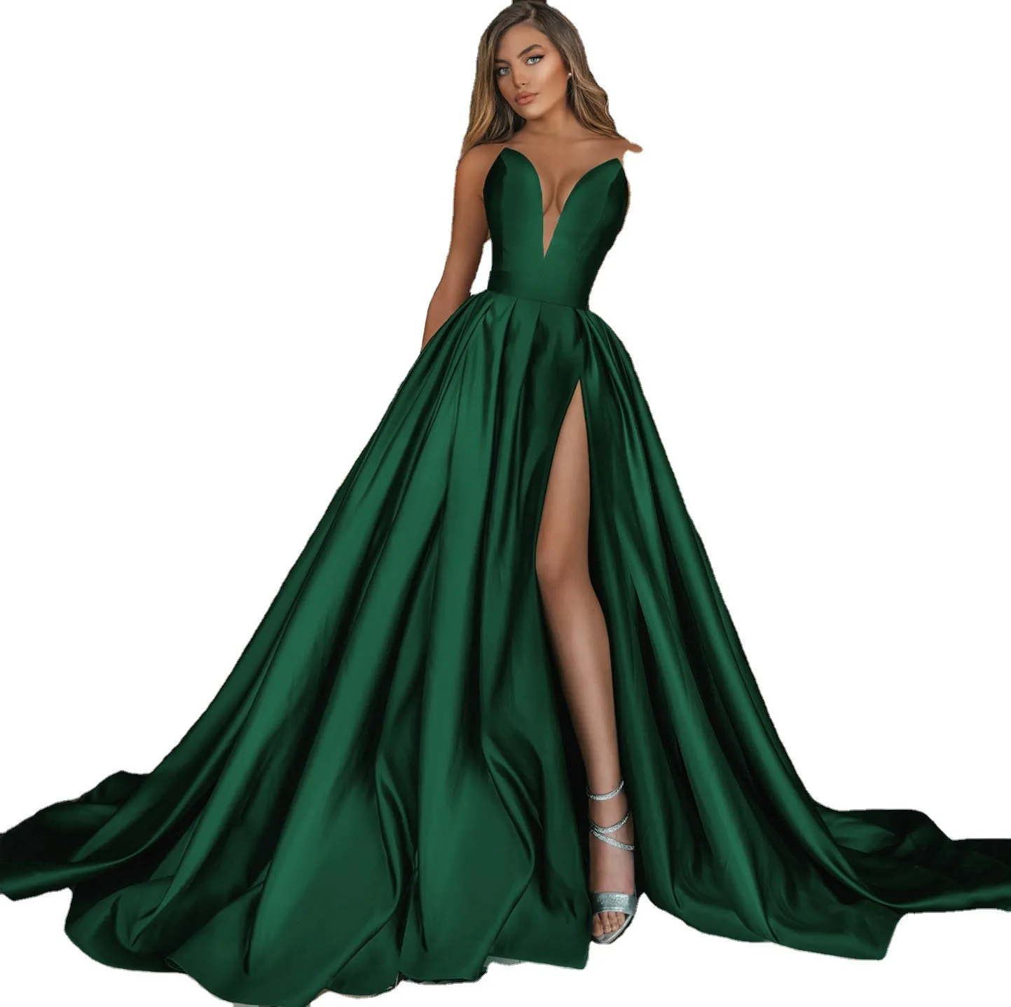 

Ele Sexy Deep V Split Wedding Dr Long Evening Gown Adult Ceremony Polyester Fiber Zipper Sle No Sve Pure Color