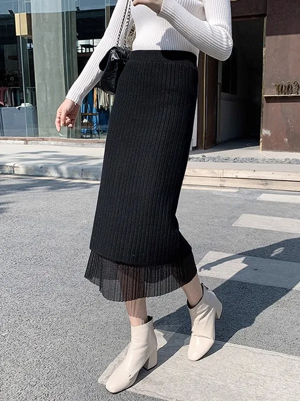 

Юбка с высокой талией из трикотажа для женщин, осенне-зимняя, весенняя, новая, двусторонняя, с боковым разрезом, дизайнерская