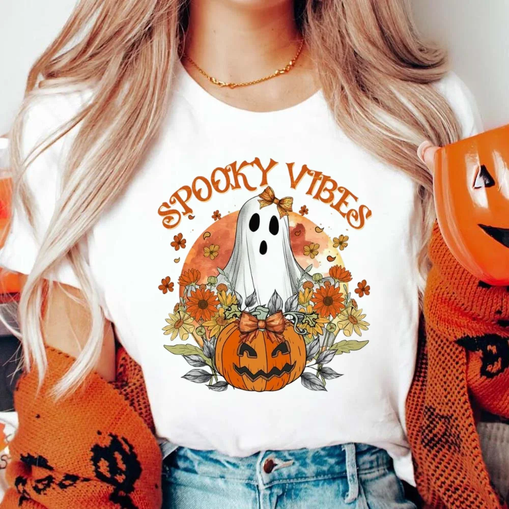 Women's Fashion T-Shirt Cartoon Cute Ghost Pumpkin T-Shirt Casual Printed Watercolor Trend 90s Pattern Top Women's Printed Cloth