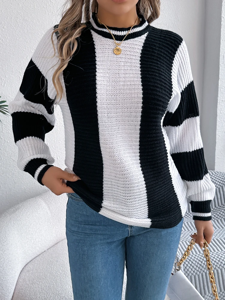 

New Winter Fashion Woman's Striped Sweater,Pullovers,Spliced Sweaters,Womens 2025 Clothing,Long Sleeve Sweaters,Elegant Sweaters