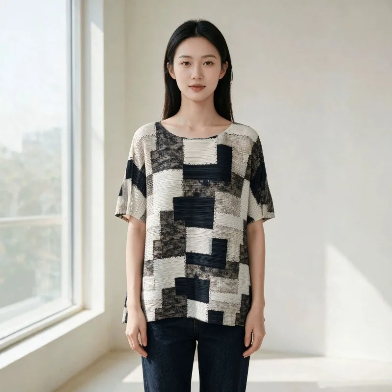 Miyake Pleated 2026 New Checkered Print Top for Women Round Neck Loose Fit Plus Size Color-Block Plaid Floral T-Shirt Cover-Up