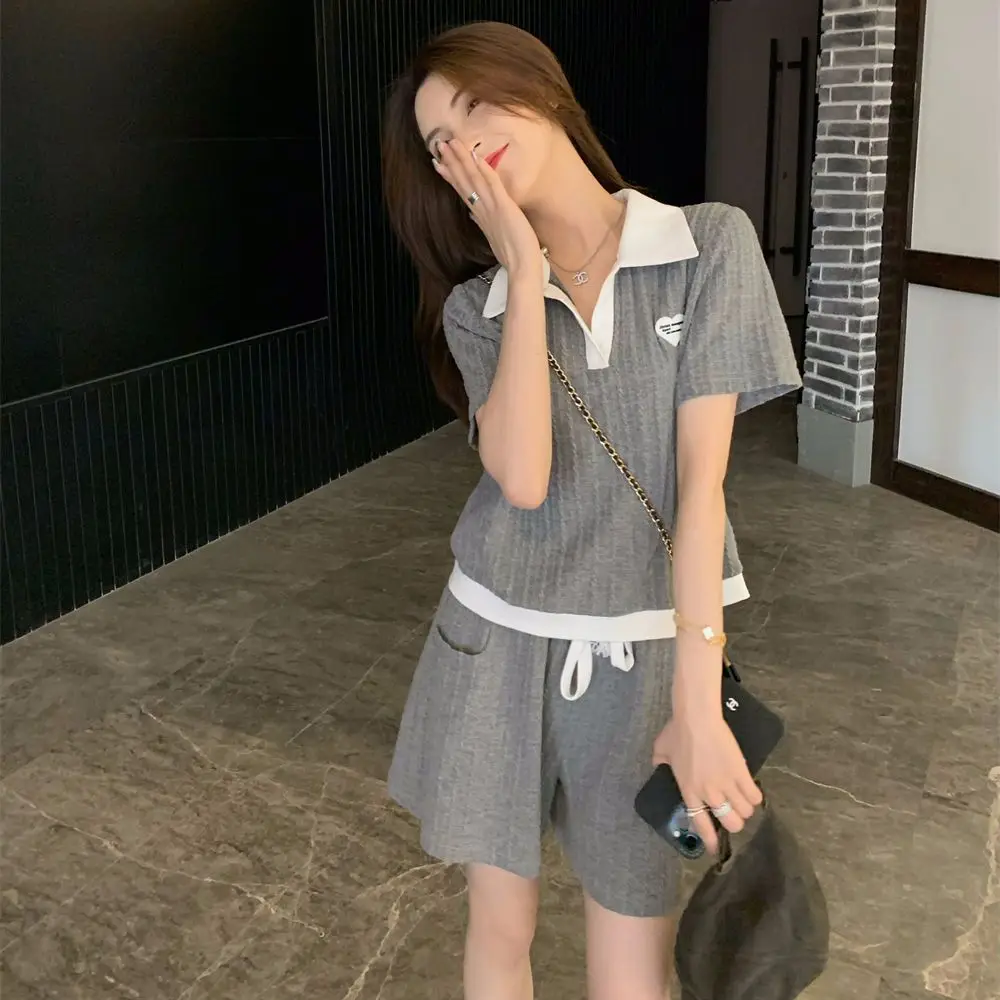 Grey POLO Collar Short Sleeved Shorts Set Women Summer Loose Fit Age Reducing Plosive Street Casual Sportswear Two-piece Set