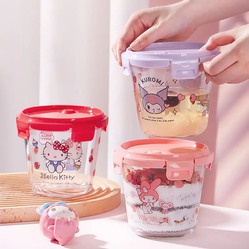 

Стеклянная миска для супа Kawaii Kuromi Melody Katie с герметичной микроволновой печью, специальная чашка для супа с крышкой, бенто для свежих фруктов