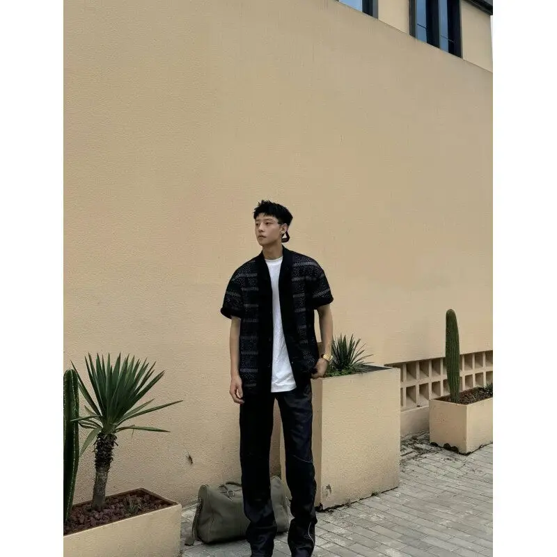 Summer Short Sleeved Shirt Men Fashion Apricot Black Casual Shirt Men Streetwear Korean Loose Hollow Shirt Mens Hawaiian Shirts