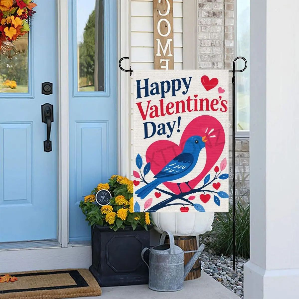 Welcome Garden Flag 12x18 Inch Double Sided Linen Yard Flag, Happy Valentine's Day Blue Bird on Branch with Red Hearts,  xxl