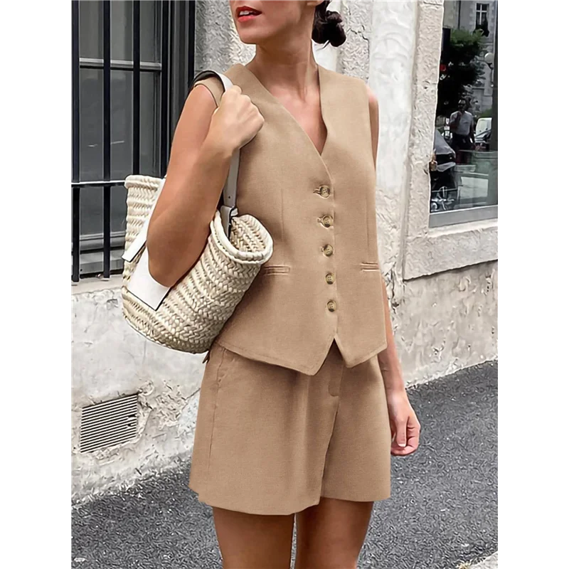 

AOAO-Women's Summer 2 Piece Outfits Sleeveless Matching Sets Button Down V Neck Vest Waistcoat And Pockets Shorts