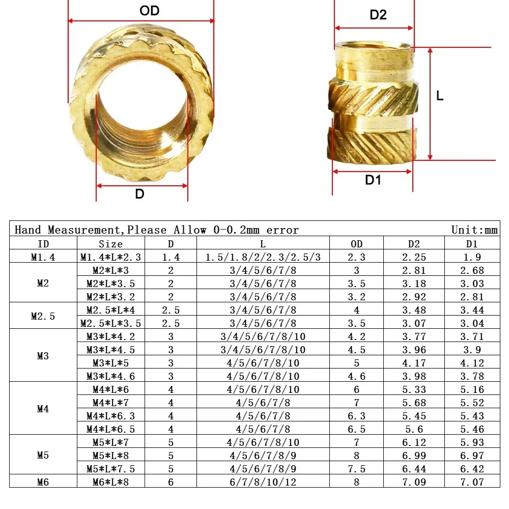 Hot Melt Nuts Brass Insert Nut Copper Nutsert Inserts Heating Embedded Thread Nuts Insertion Insertnut M2 M2.5 M3 M4 M5 M6 M8