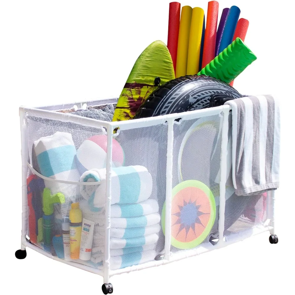 

Essentially Yours Pool Noodles Holder, Toys, Balls and Floats Equipment Mesh Rolling Storage Organizer Bin, Kids Height, Large