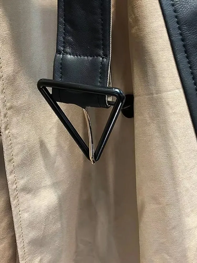 사무실 레이디 우아한 정품 가죽 트렌치 패션 패치 워크 슬림 벨트 더블 브레스트 양피 코트 streetwear 여성 오버 코트