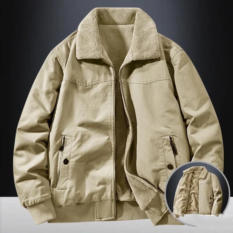 

Men Jacket Winter New Thicken Fleece Turn Down Collar Male Cargo Coat American Retro Long Sleeve Outdoor Man Two-sided Outerwear