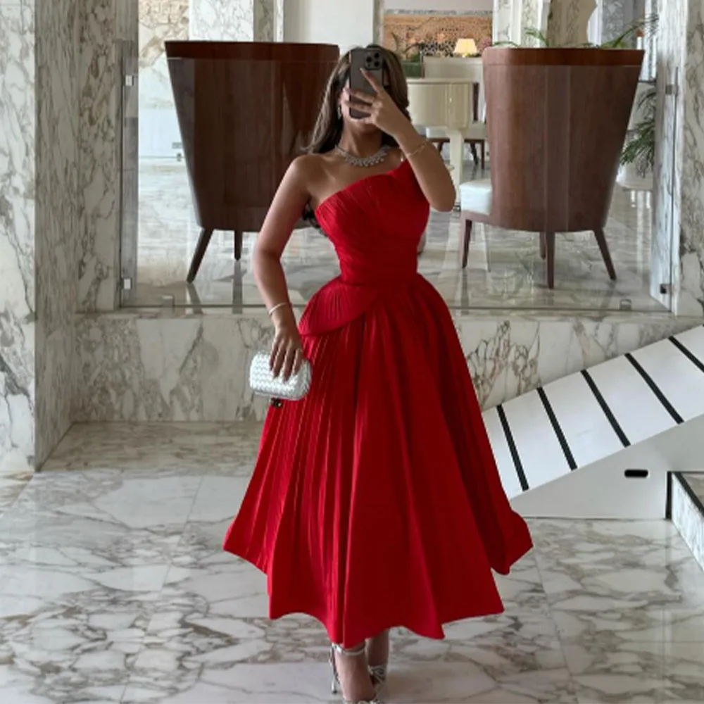 High Quality Customized Ankle Length Red Strapless Sleeveless Pleat Vestido De Festa De Casamento Kleider Damen Elegant Women