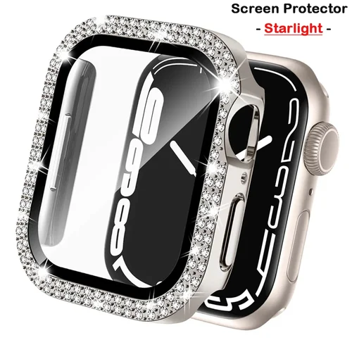 Imagen 2 del producto Funda ostentosa de diamante para Apple watch, 45mm, 41mm, 38mm, 42mm, 44mm, 40mm, vidrio templado HD + accesorios protectores de pantalla de parachoques