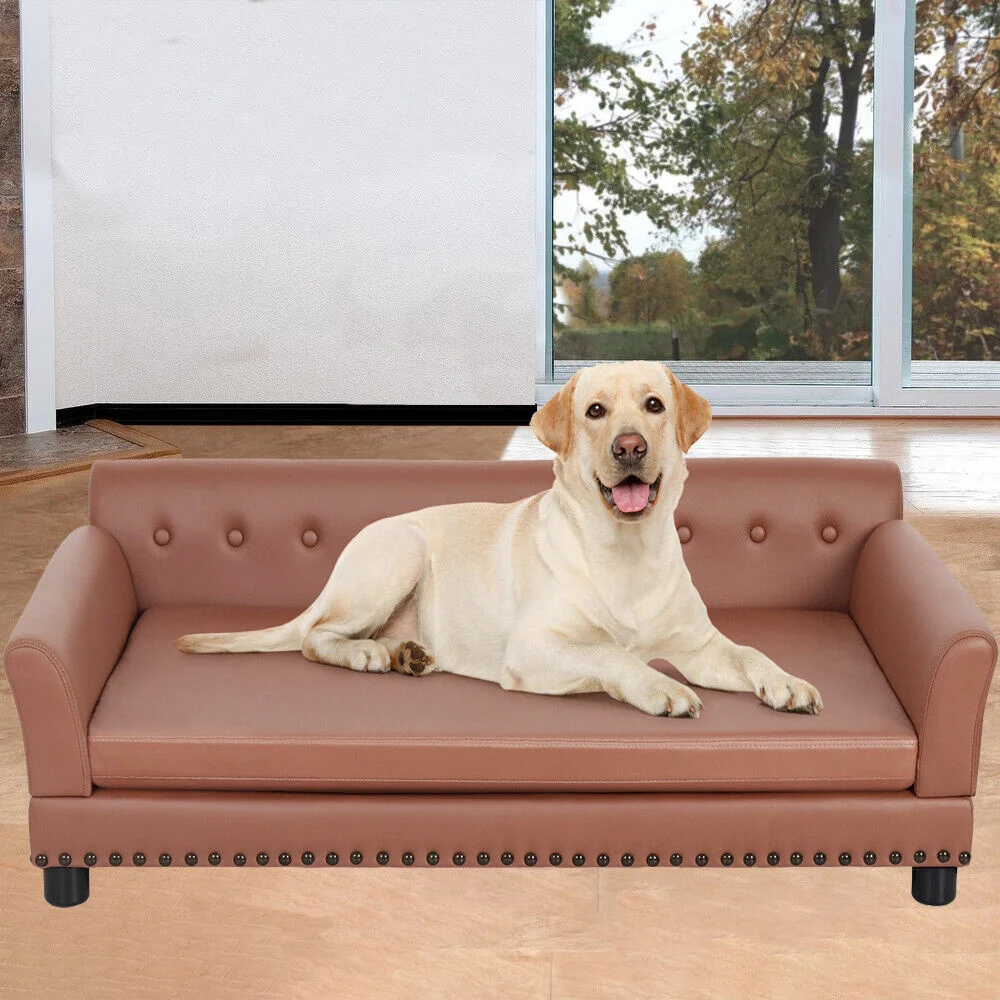 Large Elevated Dog Bed PU Leather Luxury Dog Sofa Couch Waterproof Pet Animal Backrest Snuggle Lounge Bed with Removable Cushion