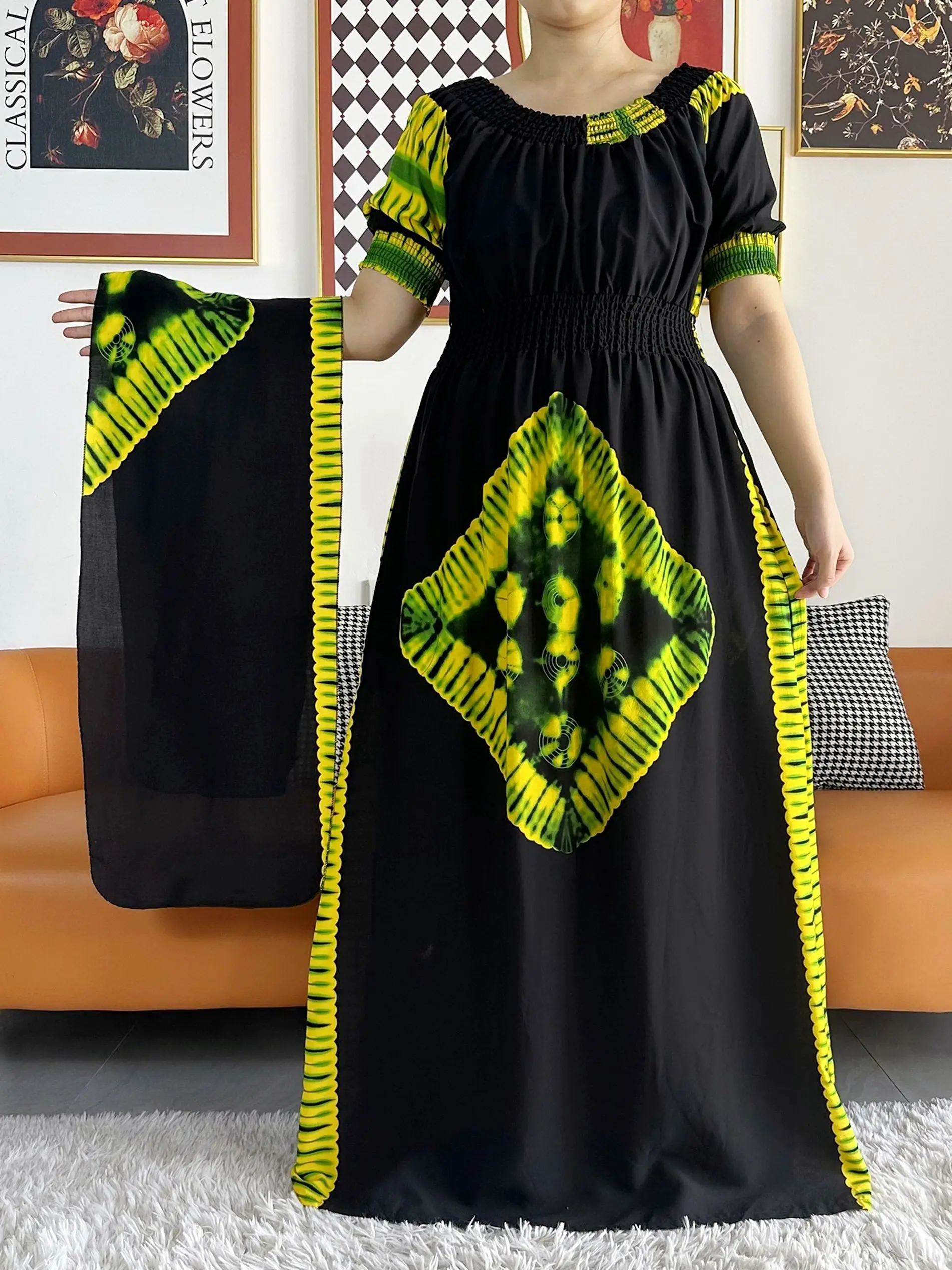 2023 Party Dress African Summer Short Sleeve Dresses Collect Waist Floral Boubou Maxi Islam Women Dress African Abaya Clothes