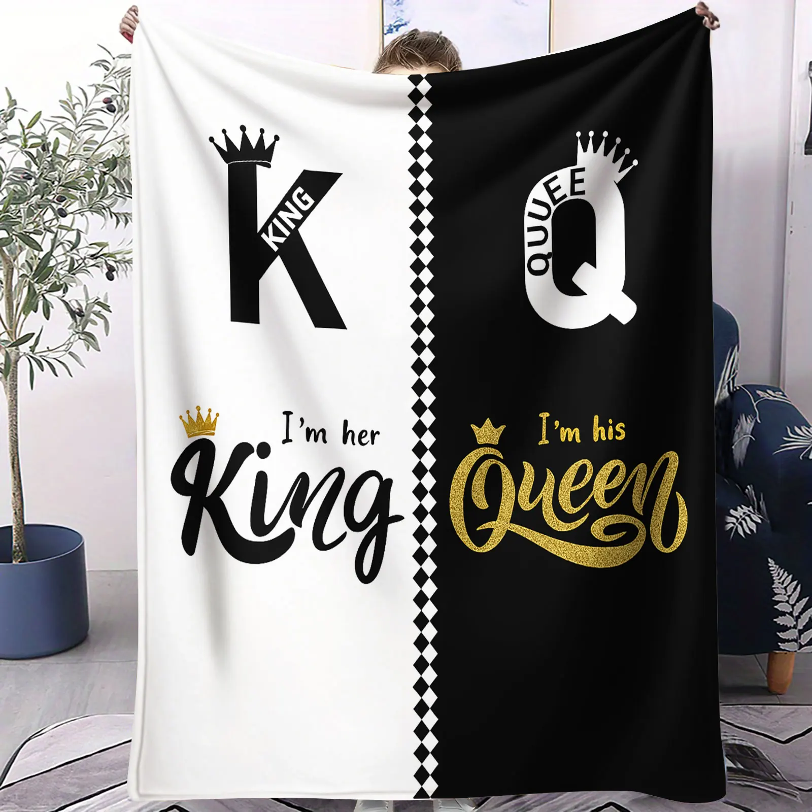 الملك الملكة زوجين الفانيلا بطانية رومانسية القلب تاج طباعة رمي بطانية للمنزل هدية عيد الحب المثالية للأزواج