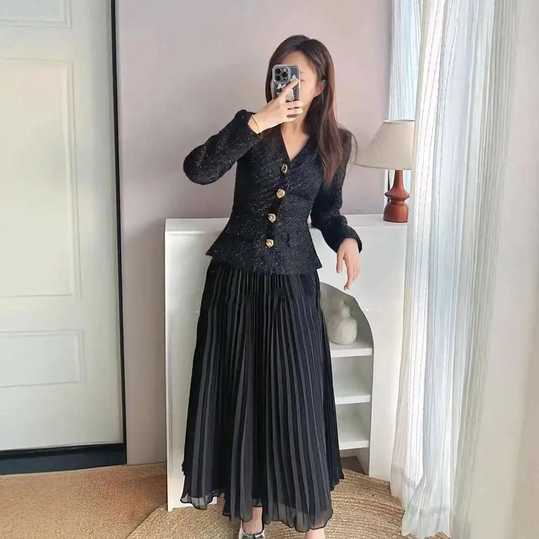 Luxury Autumn Winter Crtytal Knitted Tweed Chiffon Midi Dress For Women\'s Long Seeve Black V Neck Pleated Evening Party Vestidos