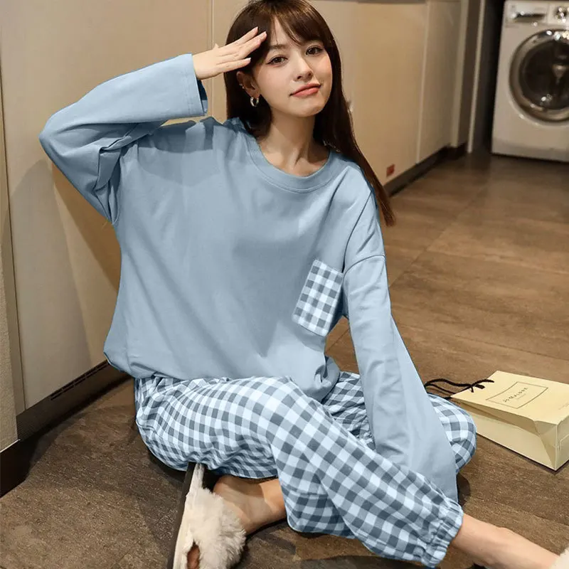 Women\'s Spring and Autumn Pajamas Homewear Set of Students Long-Sleeved Pajamas New Fashion Casual Plaid Ladies Homewear Set