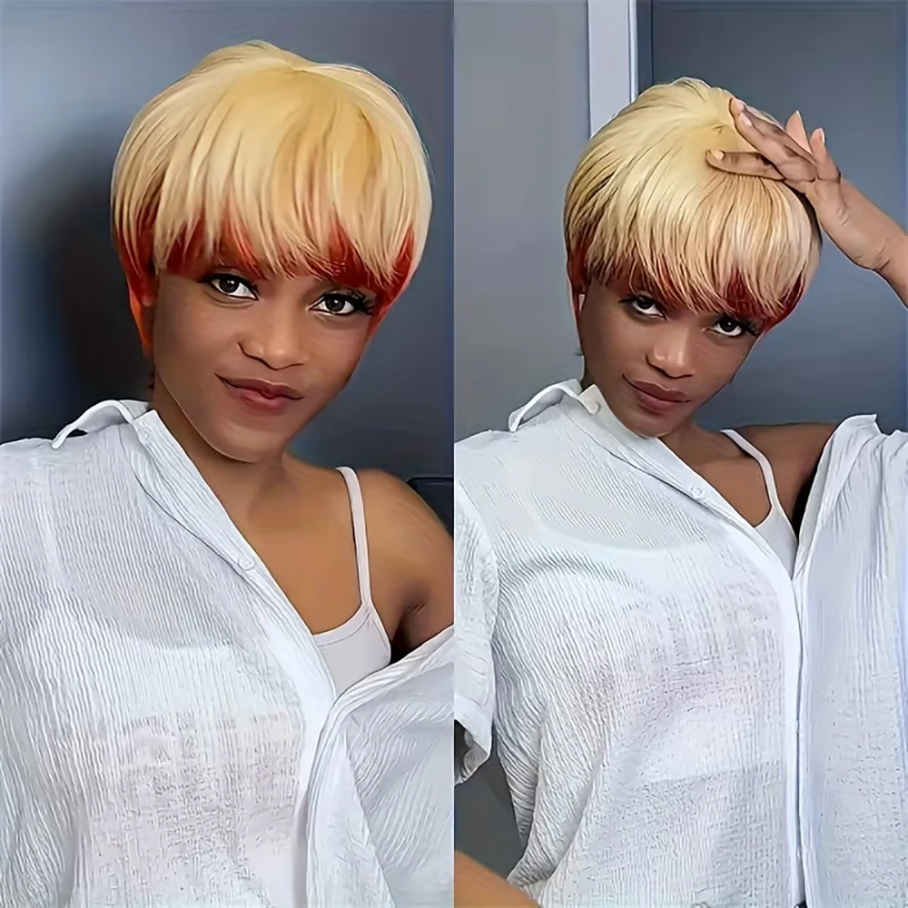 شقراء أومبير قصيرة عابث قطع الباروكات شعر الإنسان مستقيم شعر مستعار البرازيلي شعر ريمي مع الانفجارات قبل قطعها للنساء آلة كاملة صنع #1