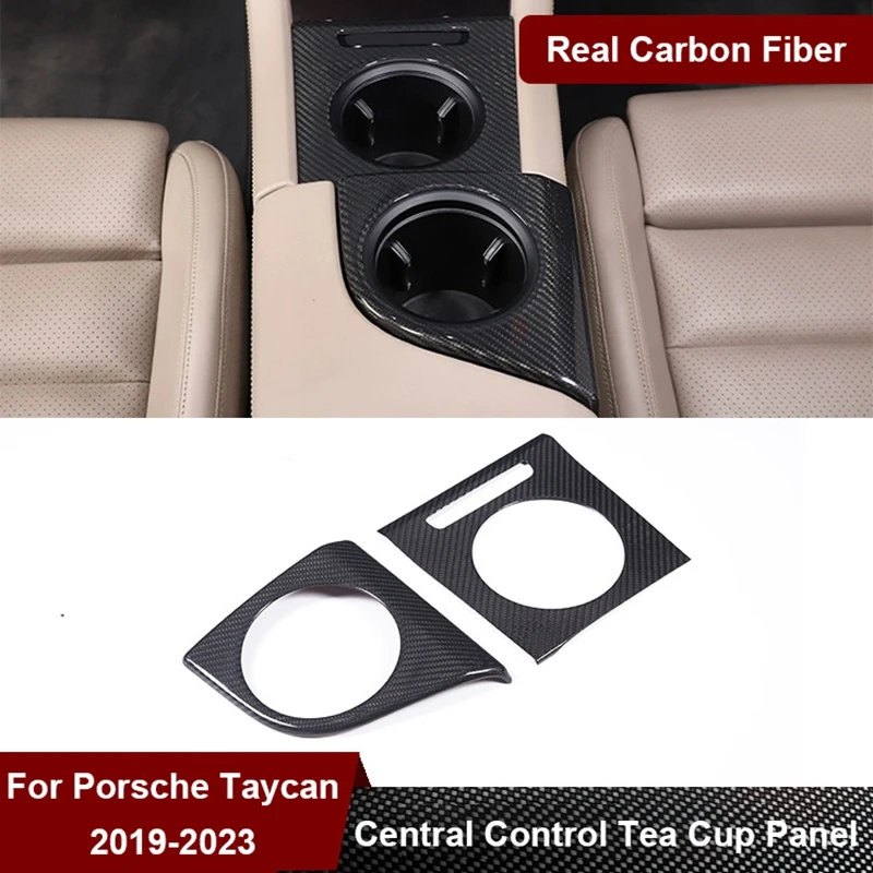 Real Carbon Fiber Car Central Control Armrest Box Water Cup Holder Panel Decorative Frame For Porsche Taycan 2019 2020 2021 2022