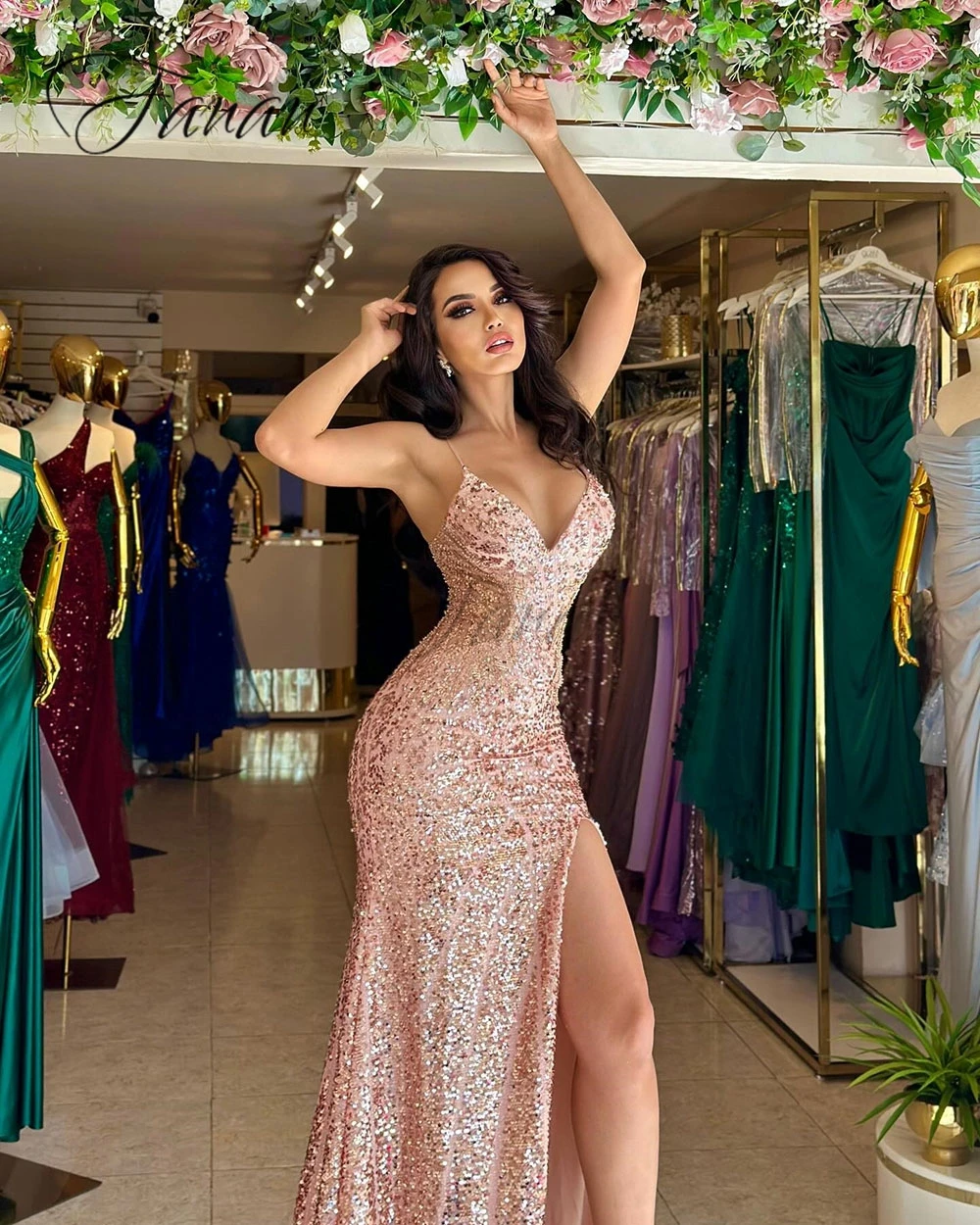 Customized Evening Dresses Lace-up Trumpet Spaghetti Strap Prom Gown High Slit V Neck Charming Maxi платья на торжество