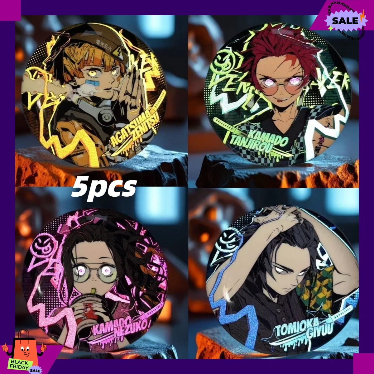 10Pcs Demon Slayer Anime Tinplate Badge 58mm Round Brooch Cute Reflective Pins Wholesale For Backpack Clothes Decoration