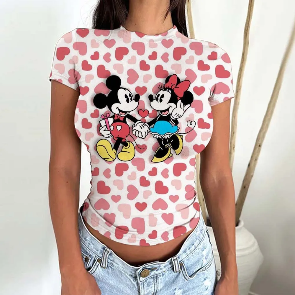 Short Sleeve T-Shirts for Women Disney Mickey Mouse Print Tee Shirt Summer Minnie Slim Fit T-shirt 2000s Clothes Basics Tees ﻿