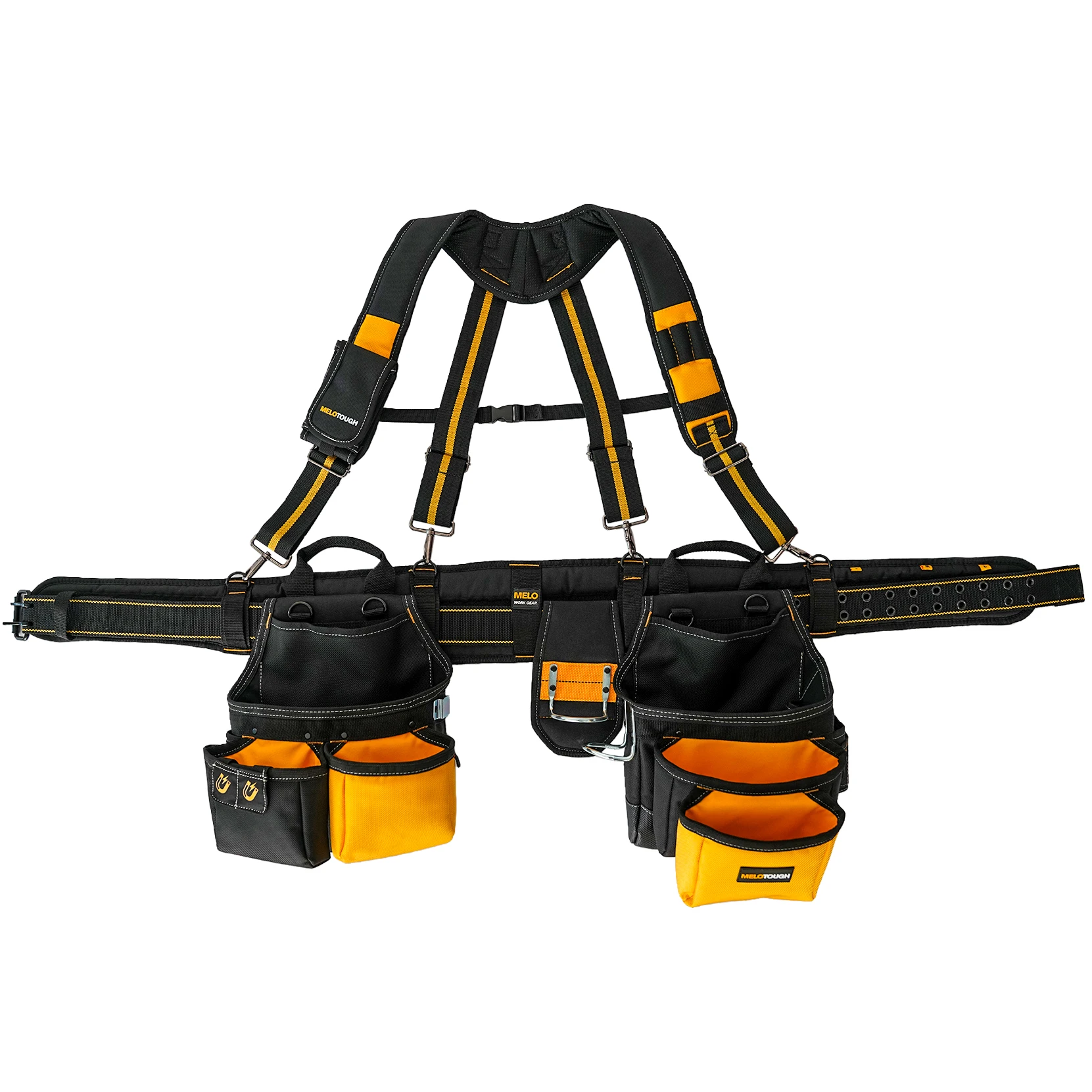 MELOTOUGH 26-Pocket Pro Framer's rig Combo Apron Tool Belt and Heavy Duty Padded Suspenders with Magnetic Desinger(Yellow)