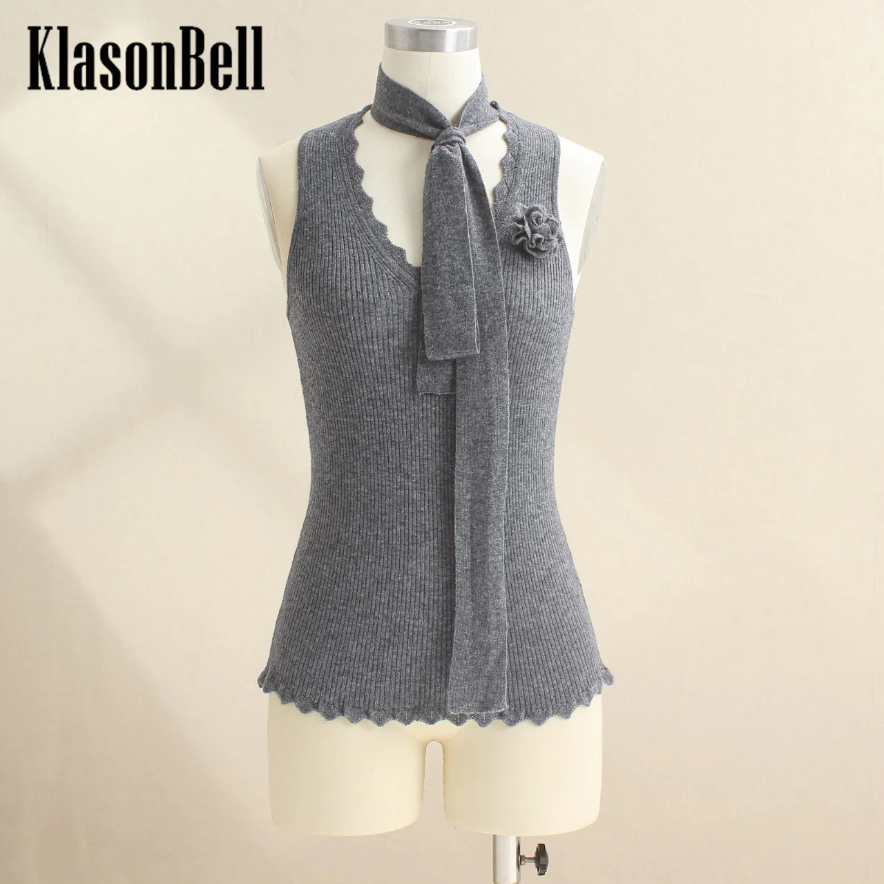 9.24 KlasonBell Women Fashion Three-dimensional Flower Decoration Wave V-Neck Knitted Vest With Ribbon Gray Slim Tank Top